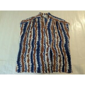 VTG 1970s Blue Brown Striped Sleeveless Button-Up Top Large